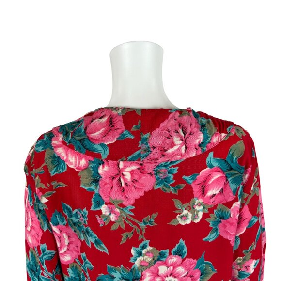 Vintage 90s Floral Blouse Women's Medium Red Pink Print Rayon Necktie Top - Picture 9 of 11